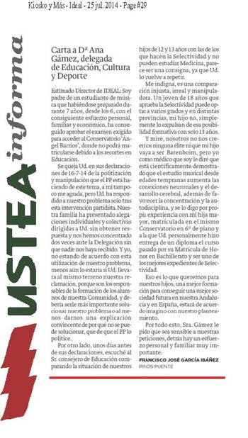 Carta a la Delegada de Educación de Granada