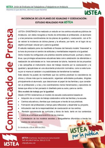 INCIDENCIA DE LOS PLANES DE IGUALDAD Y COEDUCACIÓN: ESTUDIO REALIZADO POR USTEA