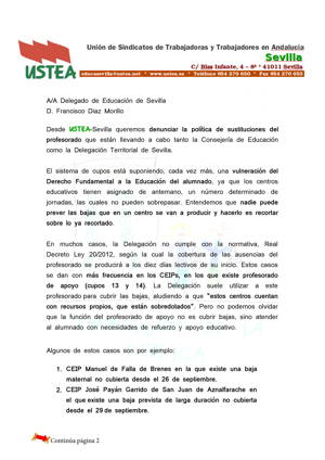 USTEA denuncia la política de sustituciones del profesorado que lleva a cabo la Consejería de Educación.