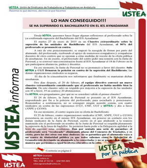 USTEA DENUNCIA: Desmantelamiento de las enseñanzas públicas en el IES Aynadamar de Granada