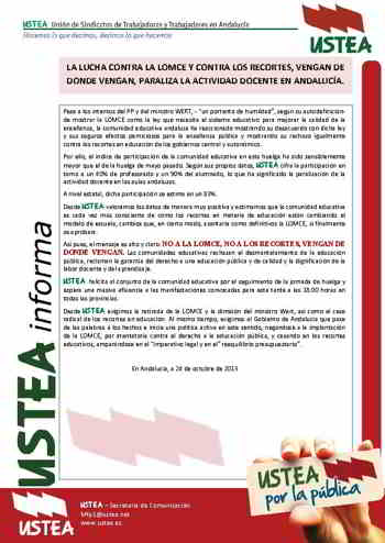 LA LUCHA CONTRA LA LOMCE Y CONTRA LOS RECORTES, VENGAN DE DONDE VENGAN, PARALIZA LA ACTIVIDAD DOCENTE EN ANDALUCÍA.
