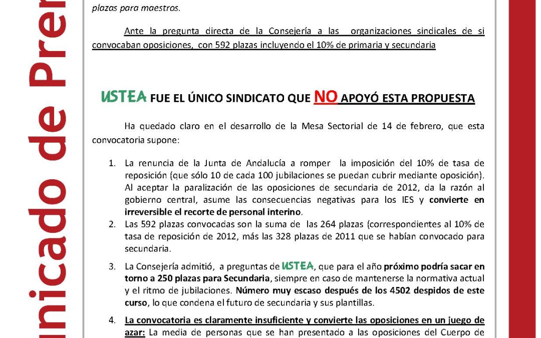 Oposiciones 2013 USTEA DENUNCIA UNA CONVOCATORIA DE OPOSICIONES PARA 2013 QUE  ATACA AÚN MÁS LA CALIDAD DEL SISTEMA EDUCATIVO ANDALUZ