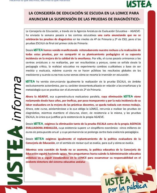 LA CONSEJERÍA DE EDUCACIÓN SE ESCUDA EN LA LOMCE PARA ANUNCIAR LA SUSPENSIÓN DE LAS PRUEBAS DE DIAGNÓSTICO