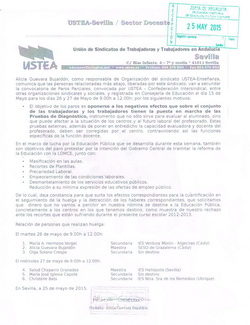 Ustea Sevilla y CGT informan en la puerta de la Delegación de Educación de las Razones por las que se lanza la campaña de Boicot a las Pruebas Escala.