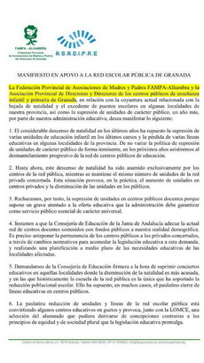 Manifiesto en apoyo a  la Red Escolar Pública de Granada.