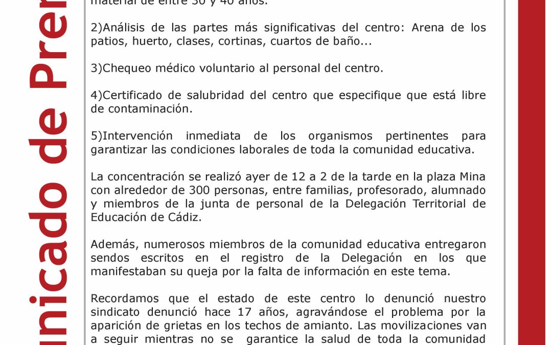 El CEIP Reggio de Puerto Real continúa con las movilizaciones para que lo libren del amianto