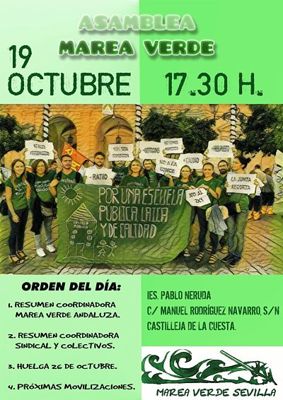 Sevilla. Asamblea provincial de Marea Verde el próximo miércoles 19 de octubre