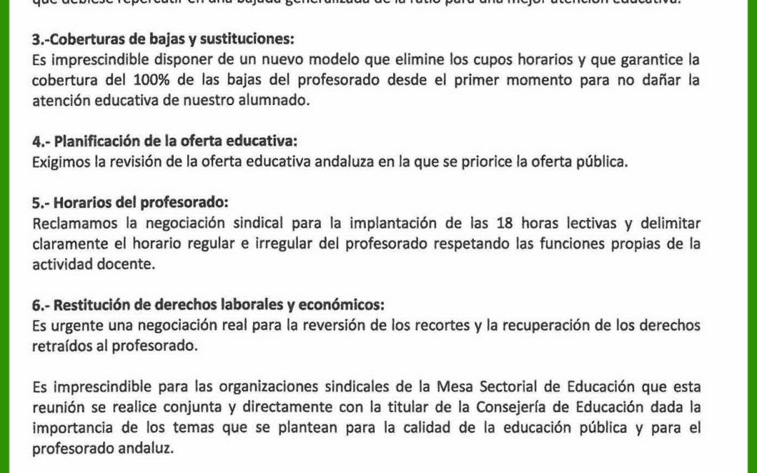 Los sindicatos de la Mesa Sectorial exigen reunirse de forma urgente con la Consejera de Educación