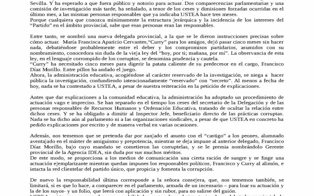 USTEA ante la corrupción de la Delegación Provincial de Educación de Sevilla. No son todos los que están.