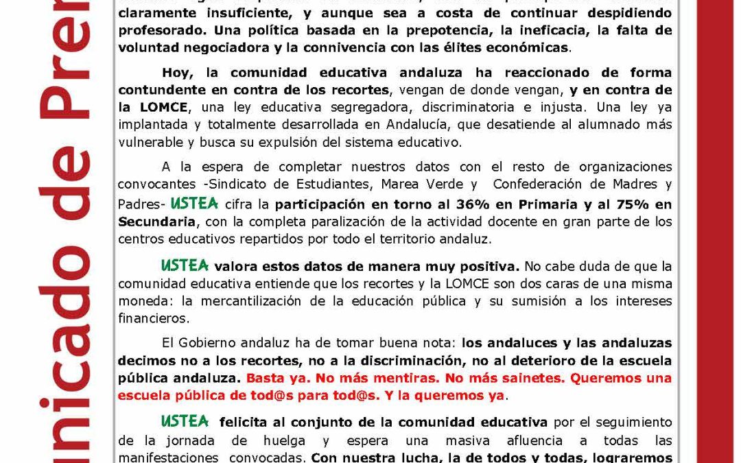 26 Octubre La lucha contra los recortes y contra la LOMCE paraliza la actividad docente en Andalucía.