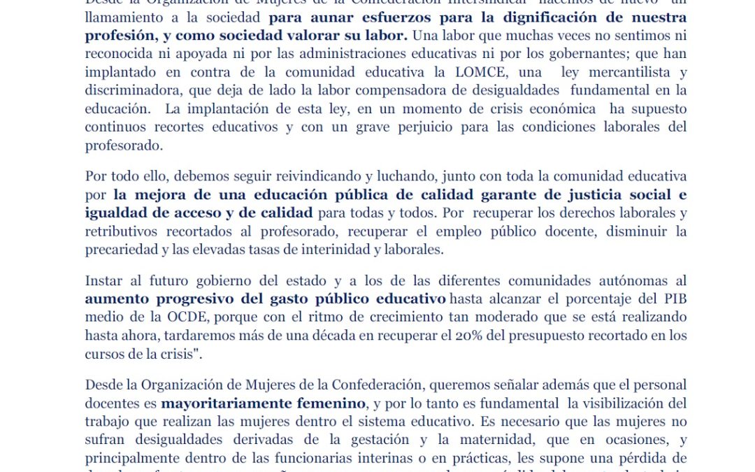 Comunicado de la ORGANIZACIÓN DE MUJERES DE LA CONFEDERACION INTERSINDICAL con motivo del Día Mundial de las y los docentes