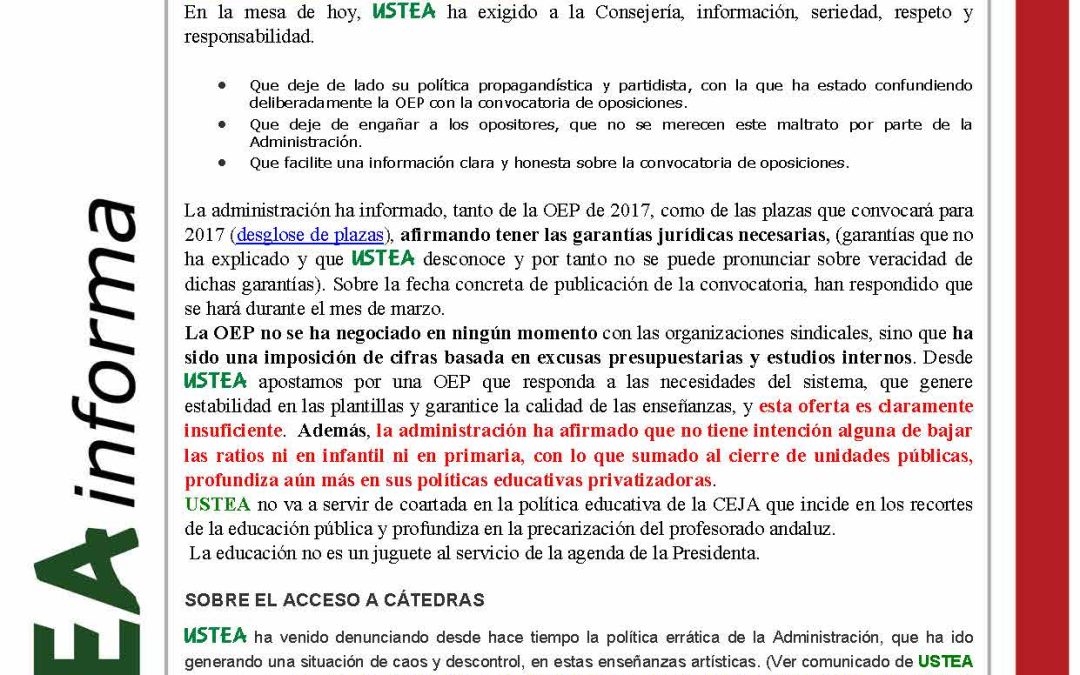 Valoración de USTEA sobre la Oferta de Empleo Público