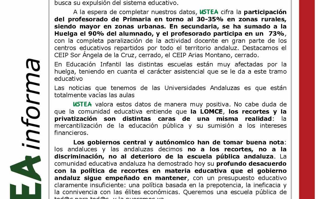 HUELGA 9-M: la lucha por la educación pública y contra la LOMCE paraliza la actividad en los centros educativos andaluces