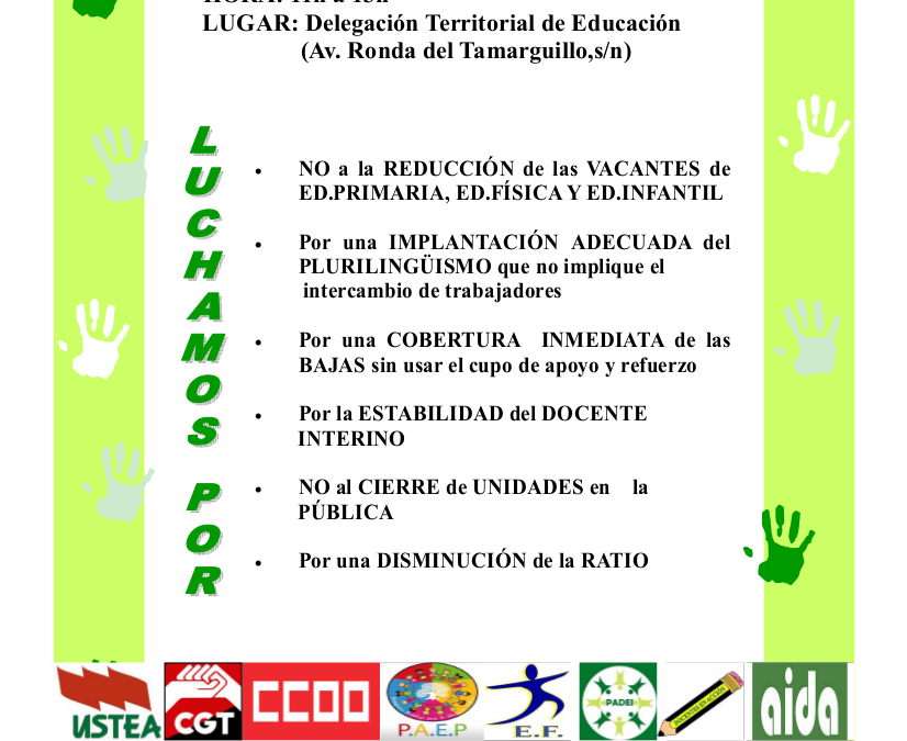 Sevilla. Concentración en la Delegación de Educación el 25 de julio por el aumento de vacantes en Educación Primaria, Infantil y Educación Física