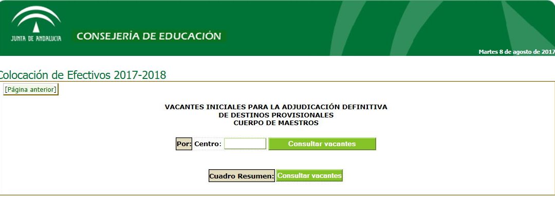Colocación de Efectivos 2017-2018, publicación de vacantes iniciales. Cuerpo de Maestros