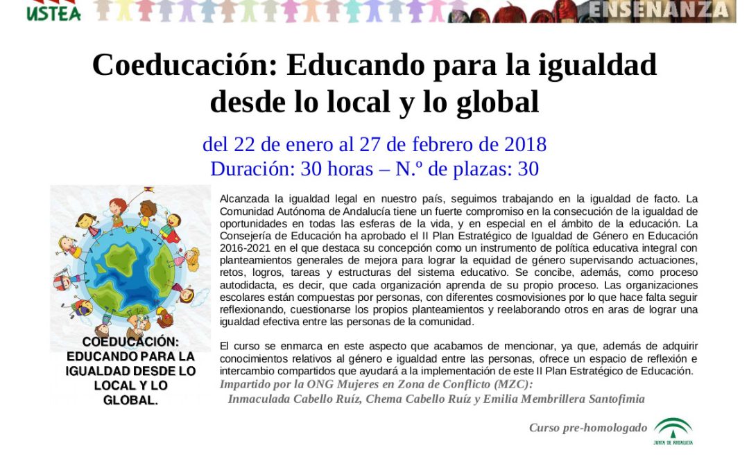 Formación. Abierta la inscripción al curso “Coeducación: Educando para la igualdad desde lo local y lo global” homologado con 30 horas por la CEJA