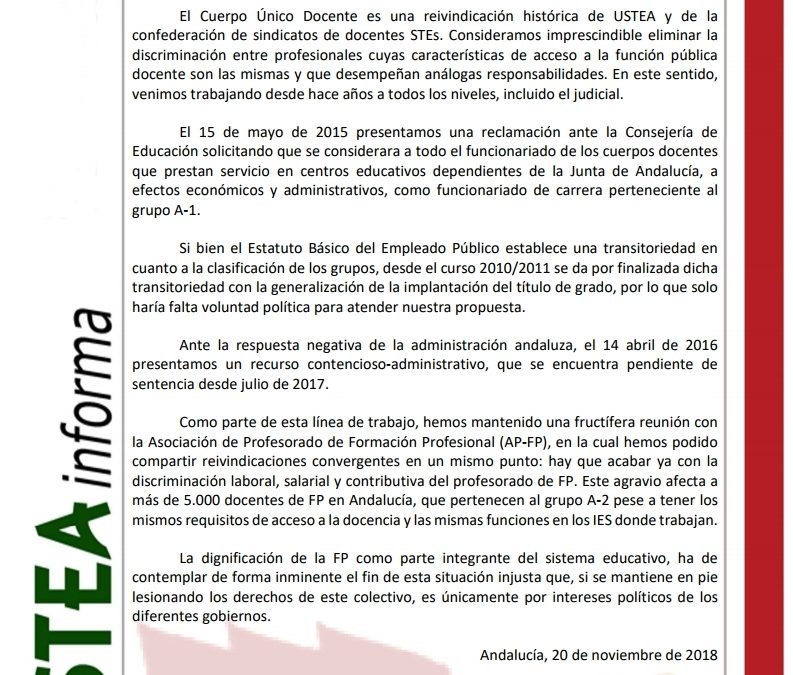 USTEA EXIGE LA EQUIPARACIÓN SALARIAL DEL PROFESORADO DE F.P.