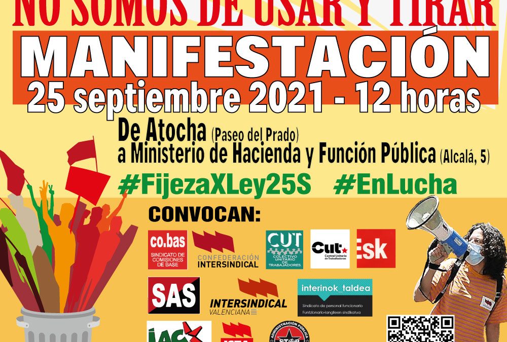 La Confederación Intersindical llama a la participación en la manifestación del 25 de septiembre por la estabilidad del personal temporal e interino en fraude de ley